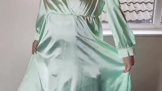 Tv crossdresser in green satin sundress