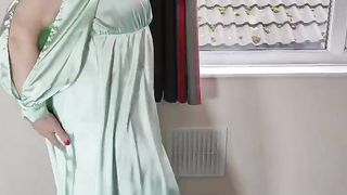 Tv crossdresser in green satin sundress