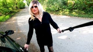 first-timer crossdresser kellycd2022 sumptuous cougar urinating her undies on her afternoon drive in stocking and fishnet tights and heel