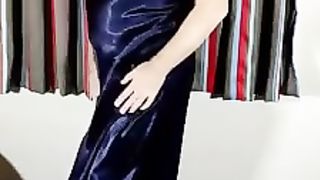 Super Hot crossdresser in glistening satin and velvety patynhose