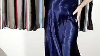 Super Hot crossdresser in glistening satin and velvety patynhose