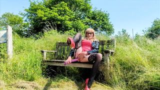 Transgender Princess Dildoing Rump on Public Bench