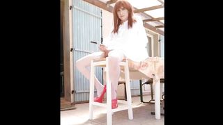 Glorious Rehead Crossdresser Transgirl High High-Heeled Slippers Tights Onanism on tabouret in garden
