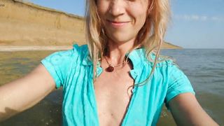 Alexa Cosmic transgender princess swimming in the river very first time in teal combi sundress