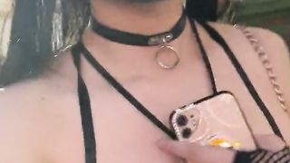 Public ambling with fishnet pantyhose and black sundress