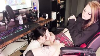 Trans G/g e-Dolls Paige and Willow Support Each Other Under the Desk to Explosive Complete
