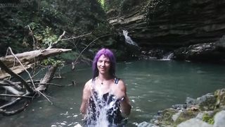 Alexa Cosmic t-model swimming at waterfall in t-shirt and t-t-shirt...