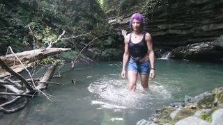 Alexa Cosmic t-model swimming at waterfall in t-shirt and t-t-shirt...