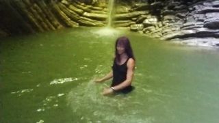 Alexa Cosmic ladyboy swimming at waterfall in tee-shirt and t-t-shirt... 1st waterfall