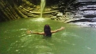 Alexa Cosmic ladyboy swimming at waterfall in tee-shirt and t-t-shirt... 1st waterfall