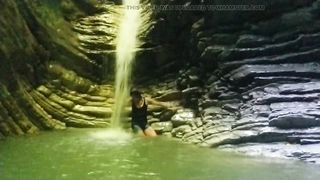Alexa Cosmic ladyboy swimming at waterfall in tee-shirt and t-t-shirt... 1st waterfall