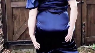 Splendid Bootylicious crossdresser in glorious blue satin ball gown