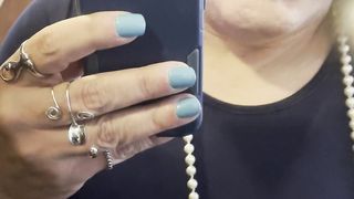 Father's woman in blue and pinkish