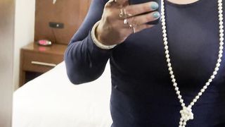 Father's woman in blue and pinkish