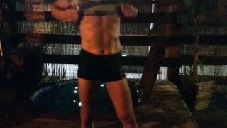 Alexa Cosmic swimming in pool after sauna in fresh t-t-shirt and black brief wondrous cut-offs. Wetlook in sauna.