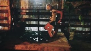 Alexa Cosmic swimming in pool after sauna in fresh t-t-shirt and black brief wondrous cut-offs. Wetlook in sauna.