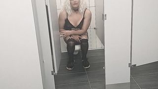 Sissy femboy gulps urinate in public stall