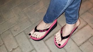 crossdresser in highly cool spin flops ambles the street