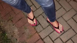 crossdresser in highly cool spin flops ambles the street