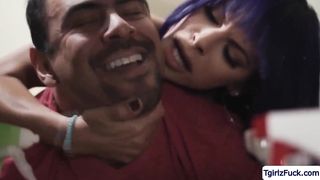 Big-Boobed t-girl Foxxy pulls down the plumbers trousers and she porks his rear entrance from behind.The humungous boobs She-Creature deep throats his prick in the kitchen.