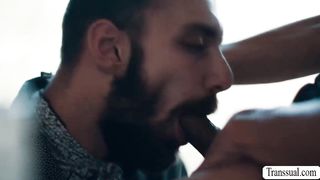 Dark Haired she-male heads to the kitchen and lets her son gargle her shemale wood intensively.In comeback,she tongues and barebacks his donk.