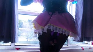 Locked Sissy Maid Cleans Window
