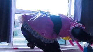 Locked Sissy Maid Cleans Window