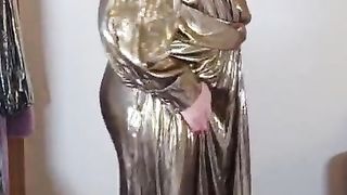 UK super-bitch Nottstvslut in gold metallic sundress