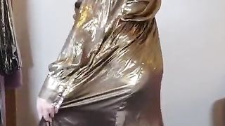 UK super-bitch Nottstvslut in gold metallic sundress