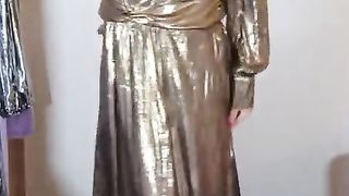 UK super-bitch Nottstvslut in gold metallic sundress
