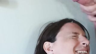 Trans cutie loves spunk shots all around