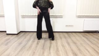 Office assistant transgirl dancing in satin broad gam palazzo pants and flog top