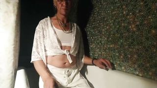 Raw in bathroom in white clothes and undergarments...