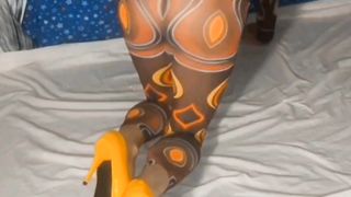 Some taunting in my fresh gimp costume with my yellow high-heeled shoes and my platform high-heeled shoes