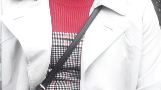 Crossdressing whore unveils her encaged hard-on on public street