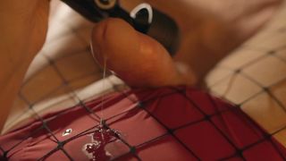 Adorable trans chick in fishnets stroking off and jizzing with a hitachi