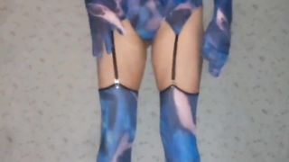 I'm prepped for the pub in my splendid fresh metallic blue sundress and garter ,pantyhose and killer mittens which are so fragile on my flesh