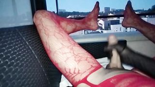 Hefty pipe femboy in pantyhose underwear jacks and shoots a load outdoors