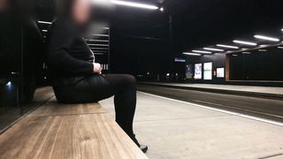 Crossdresser demonstrated off at tram station by night