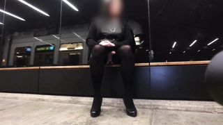 Crossdresser demonstrated off at tram station by night