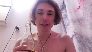 Nude damsel munches burger while on the rest room