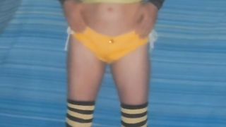 Pantihose off and in my black and yellow stocking and lil yellow cutoffs up my arse