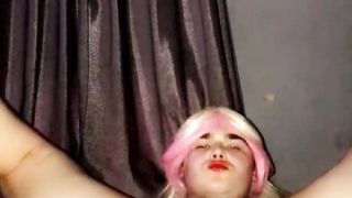 Bitchy sissy clad up flashing her face toying with her playthings