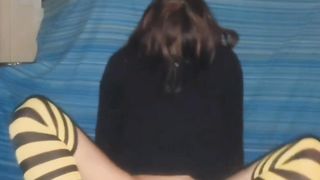 Taunting in my black jumper and black and yellow socks with my fresh gold chain pantys