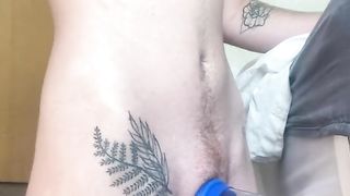 Nasty FTM pokes manstick pump inserted in sofa with large t-pink cigar