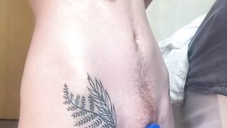 Nasty FTM pokes manstick pump inserted in sofa with large t-pink cigar