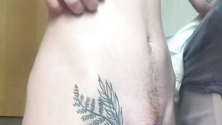 Nasty FTM pokes manstick pump inserted in sofa with large t-pink cigar