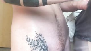 Nasty FTM pokes manstick pump inserted in sofa with large t-pink cigar