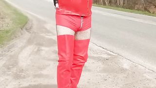 Sissy in crimson and splendid apparels plays the cockslut