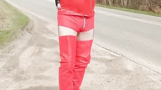 Sissy in crimson and splendid apparels plays the cockslut